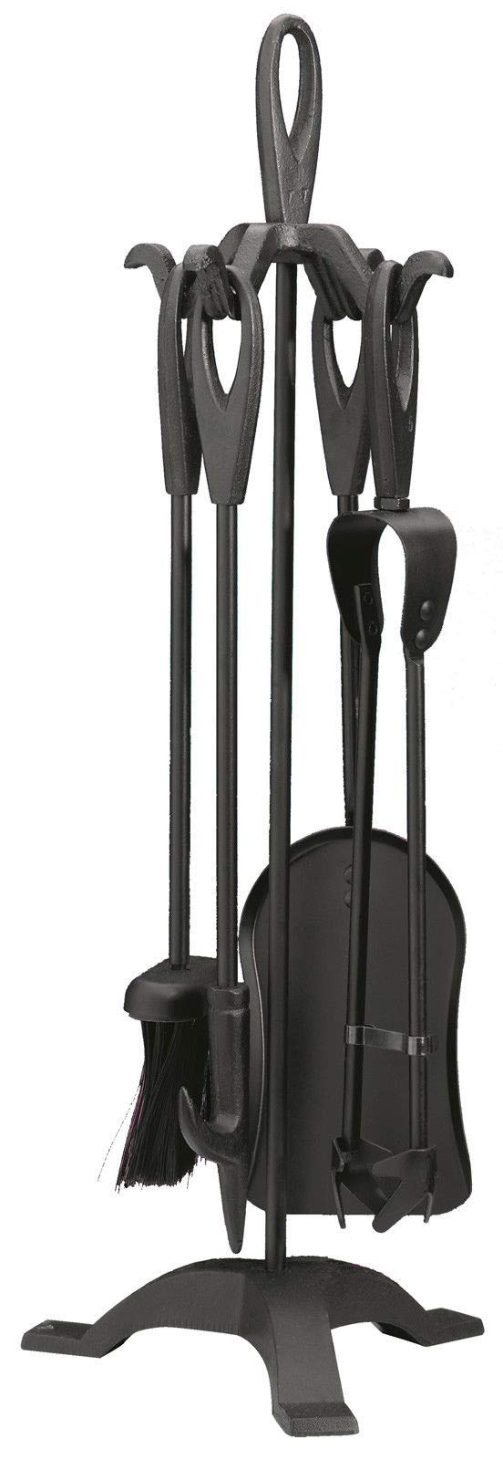5 Piece Traditional Fireplace Companion Set Tong Shovel Brush Poker Wood Burner Coal Stove Hearth Cast Iron Tools (Loop Top Black)