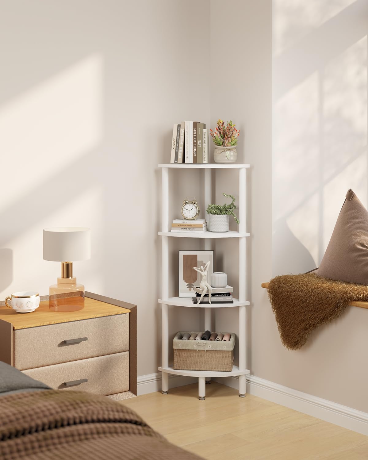IBUYKE 4 Tier Corner Shelf Stand,Industrial Corner Display Rack,Corner Bookshelf for Living Room, Bedroom, Kitchen, Home Office, White WBC014W