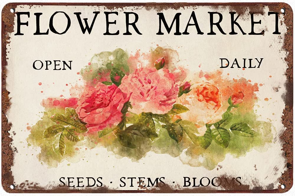peiyeety Retro Tin Sign Metal Tin Sign Flower Market Open Daily Vintage Kitchen Decor Summer Decor Funny Wall Decor for Home Cafes Office Store Pubs Club Plaque Tin Sign Sign Gift 8"x12"