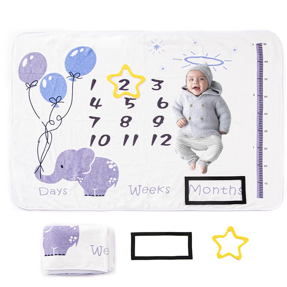 Baby Milestone Blanket with Height Scale Soft Flannel Milestone Mat Decorative Monthly Photo Mat with Frame Fluffy Blanket for Newborn Boy Girl Animal Theme Photo Blanket Elephant