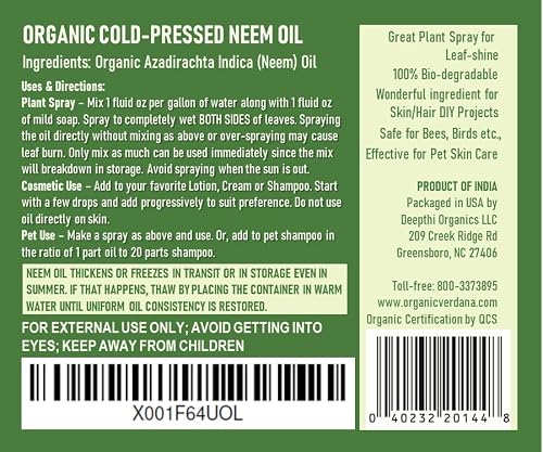 Verdana Organic Cold Pressed Neem Oil For Plants - 8 Fl. Oz - Non Gmo - Unrefined, Filtered - High Azadirachtin - Pure Neem Oil, Nothing Added Or Removed - Leafshine Spray, Pet Care, Skin & Hair Care #TOP2