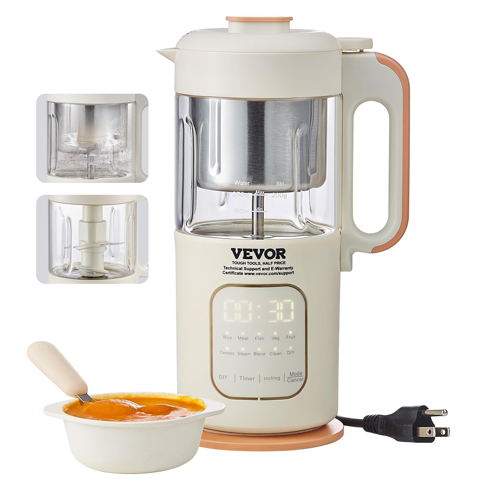 VEVOR - Procesador de alimentos para bebés, procesador de alimentos SUS304 de acero inoxidable con 4 cuchillas, licuadora, vaporizadora y picadora con recipiente de vidrio de 300 ml para alimentos, frutas, verduras y carne, 500 W