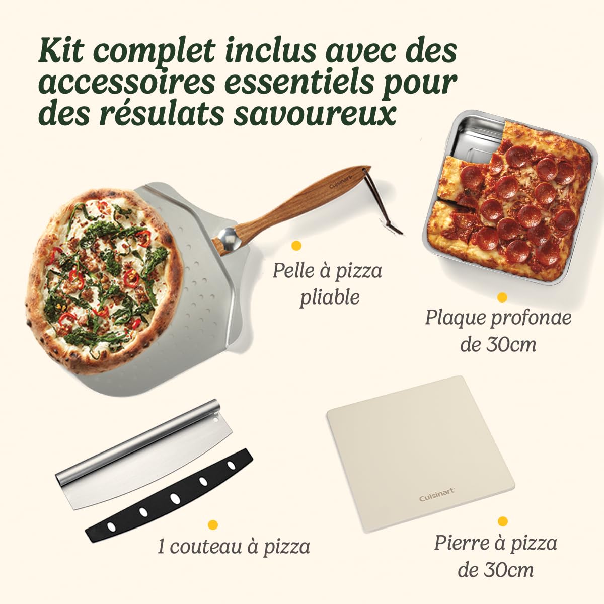 Cuisinart Four à pizza, Pour l'intérieur, Goût de pizza au feu de bois, Prêt en 5 minutes, Kit : Pelle, couteau, pierre en céramique et plat creux, Temps et température réglables jusqu'à 400°C