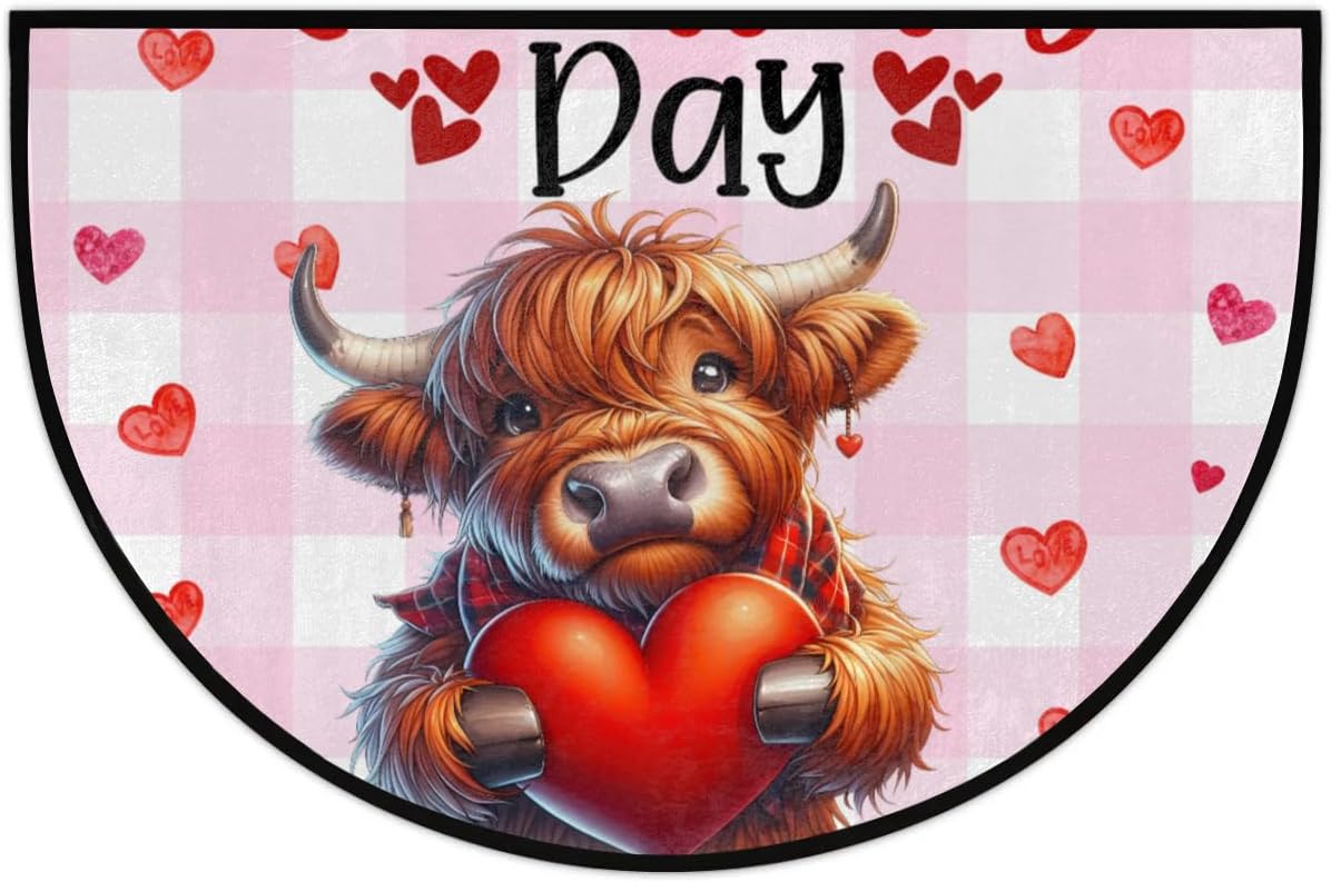 Half Round Door Mat Valentine's Day Mountain Cattle Non-Slip Semi Circle Area Rug Washable Semi Circle Floor Rug for Indoor Outdoor Living Room Bathroom Kitchen Patio Hearth Rugs Home Decoration