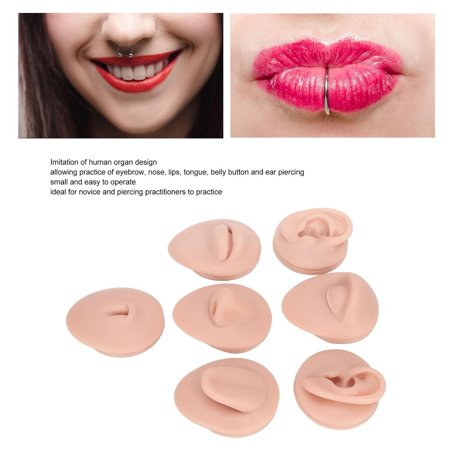 Piercing Body Parts, 7PCS Silicone Body Parts for Piercing, Silicone Fake Piercing Kit of Silicone Ear, Nose, Mouth, Tongue, Belly, Eyes with 2PCS Display Stand (B)