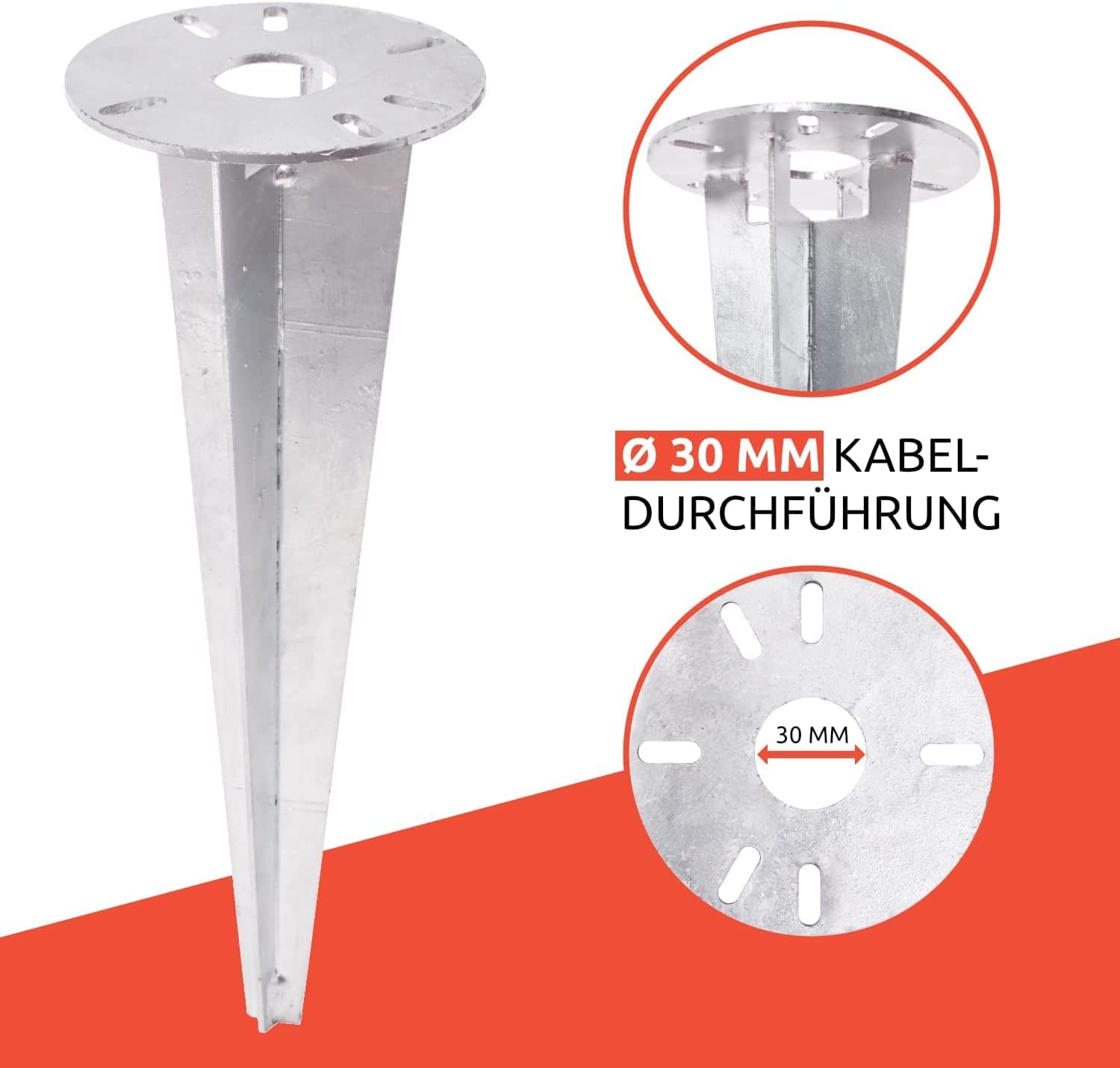 TRIBECCO Estaca de impacto para lámpara de jardín – Ø 116 x 300 mm – con apertura Ø 30 mm para gestión de cables – Acero plano galvanizado – Anclaje de suelo para iluminación de jardín