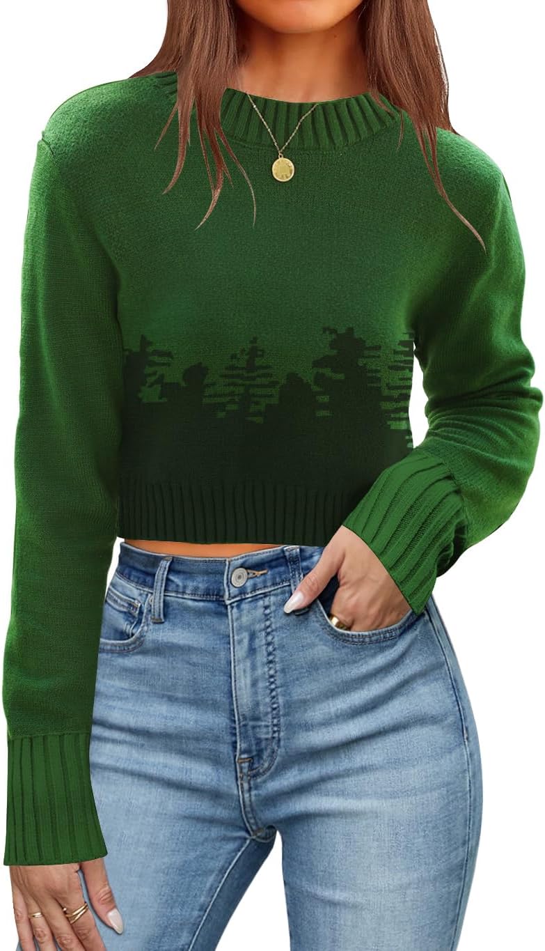 QACOHU Spring Sweaters for Women Long Sleeve Ribbed Knit Pullover Jumper Tops 2026 Crewneck Cropped Sweater