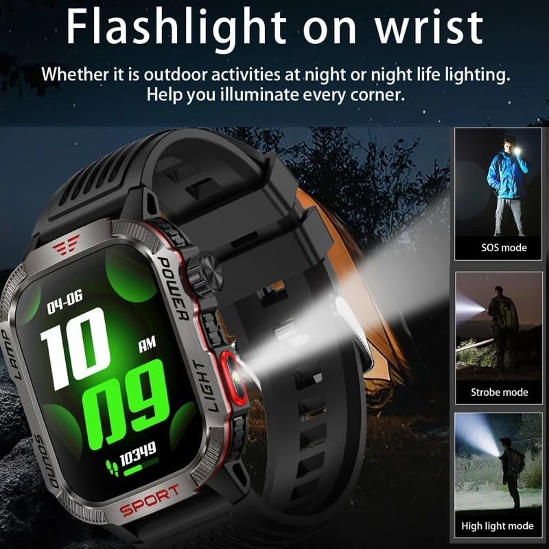 Smartwatch with flashlight beam illuminating a dark area, showing SOS, Strobe, and High Light modes.