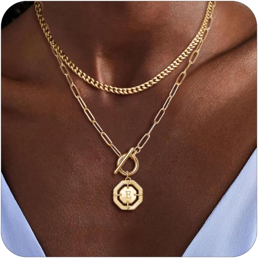 Layered Initial Necklace for Women Trendy,14K Gold Plated Dainty Cuban Chain Choker Octagon Letter Pendant Paperclip Link Necklace Personalized Cute Name Necklace,T-bar Coin Necklace Women Jewelry
