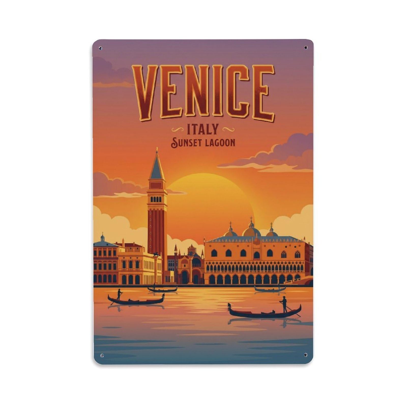 Vintage Travel Venice Sunset Over Lagoon Golden Hour Clean Italy Metal Tin Sign Plaque Wall Decor for Cafe, Club Bar, Office, Home Garden Metal Poster 8x12Inch