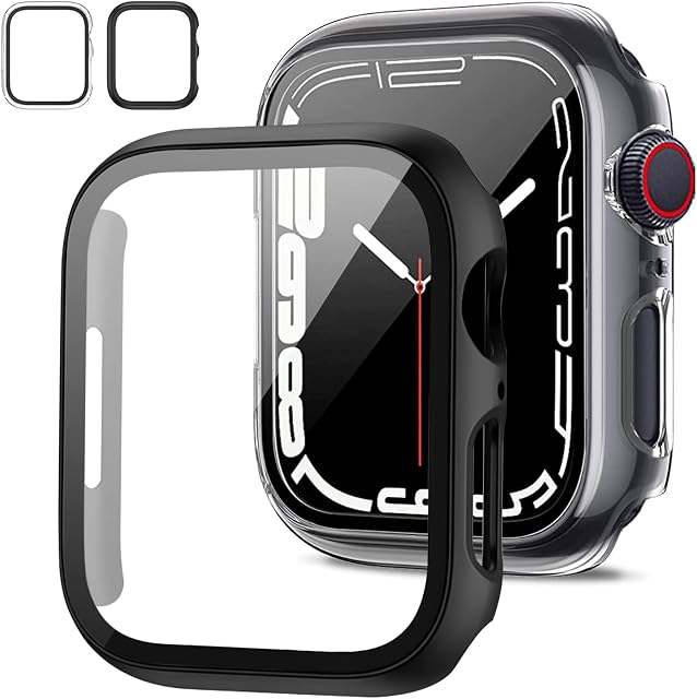 2 Pack Case Compatible with Apple Watch Series 8/Series 7 41mm with Tempered Glass Screen Protector, Ultra-Thin Full Cover Bumper All Around Full Coverage for iWatch Accessories(Black+Transparent
