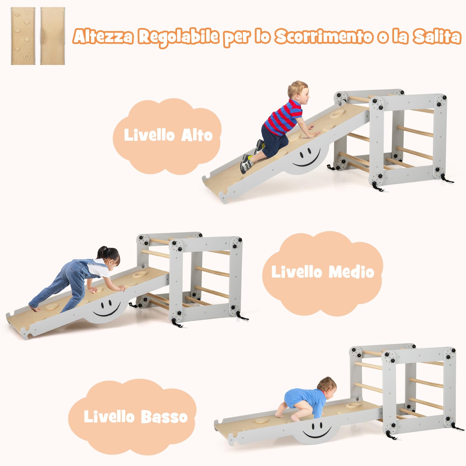 RELAX4LIFE 5 en 1 Juego de Escalada Niños con Rampa Reversible y Balancín, Juguetes Montessori Plegable de Madera, Parque Infantil Montessori Ajustable para Niños 3+ Años (Gris)