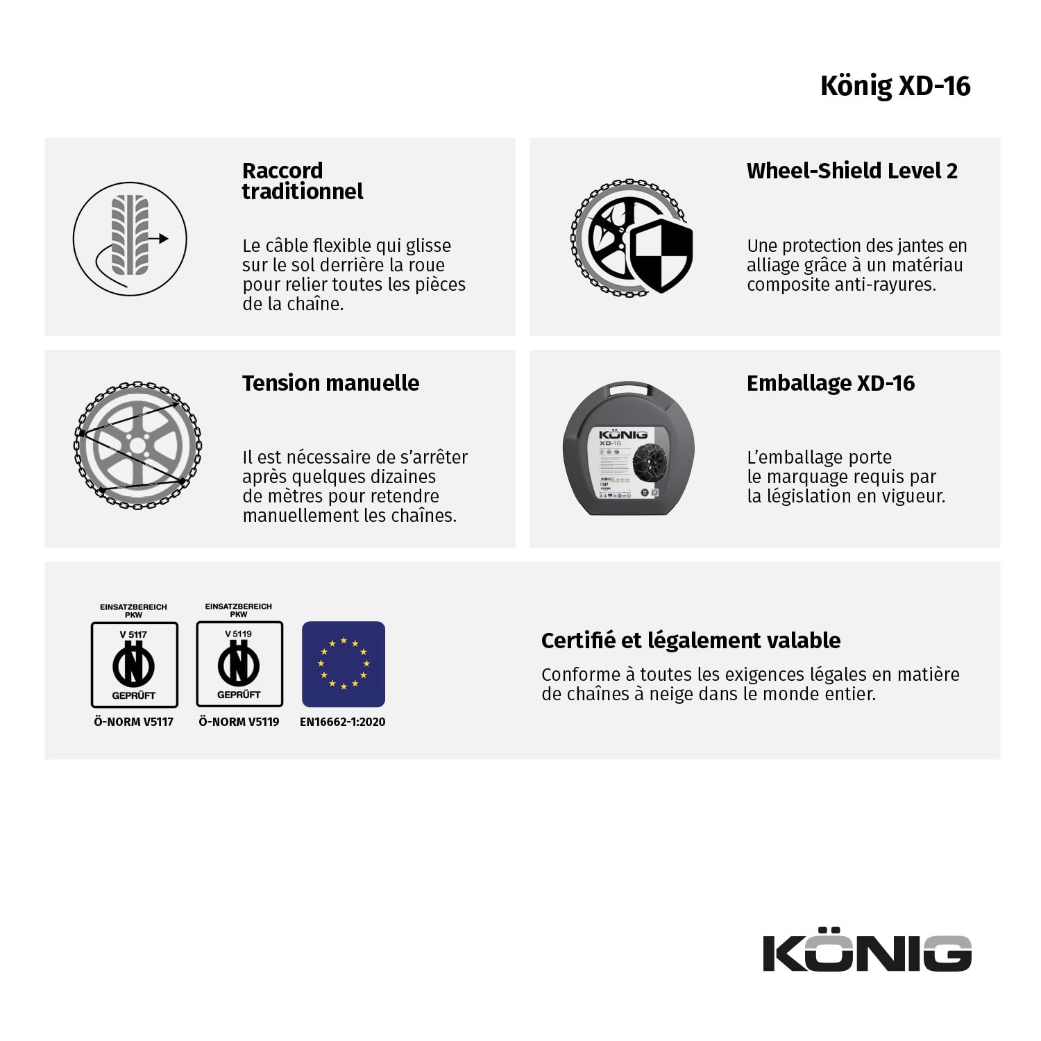 KÖNIG XD-16 220 - Chaînes à Neige, Set de 2