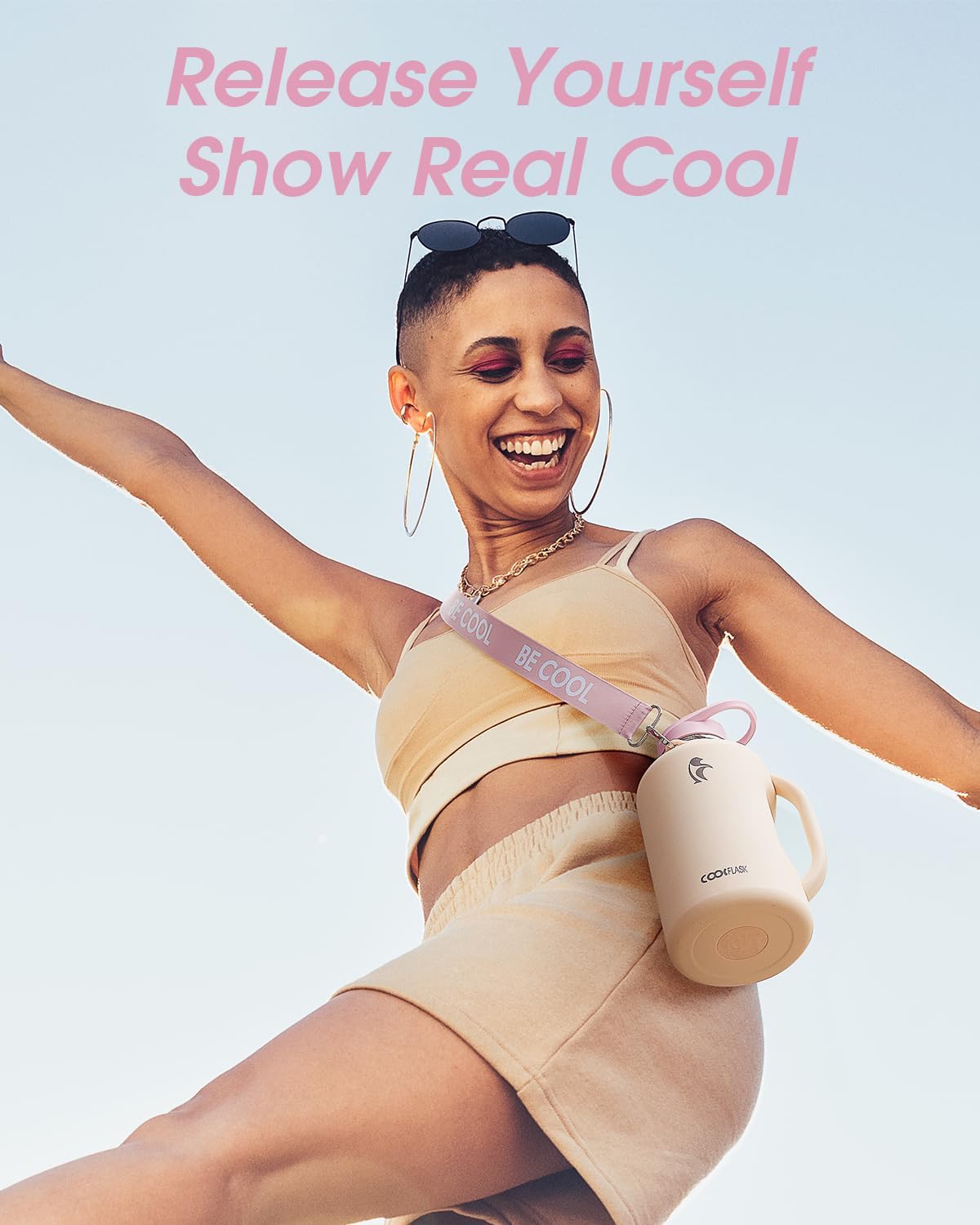 Coolflask 64oz Insulated Water Bottle, Half Gallon Water Jug With Handle Straw Stainless Steel Double-Walled Vacuum Metal Large Flask With Strap Non-BPA Leakproof, Keep Cold 48 Hrs, Apricot Pink - Image 6