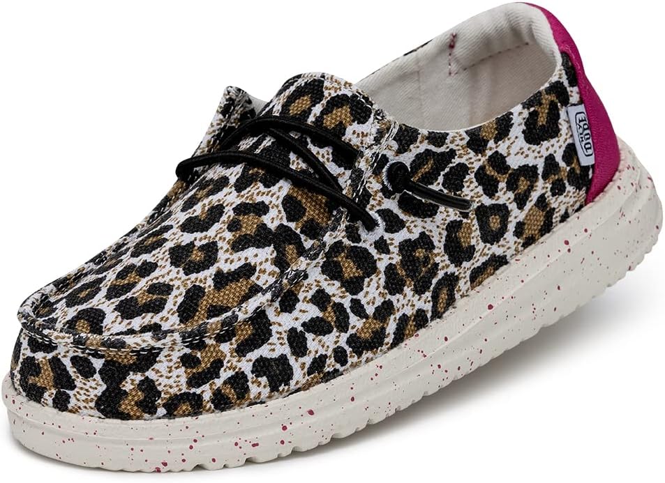 Hey Dude Wendy Cat (Little Kid/Big Kid) Loafers for Kids - Cotton-Blend Upper - Flex & Fold Technology Cheetah 5 Big Kid M