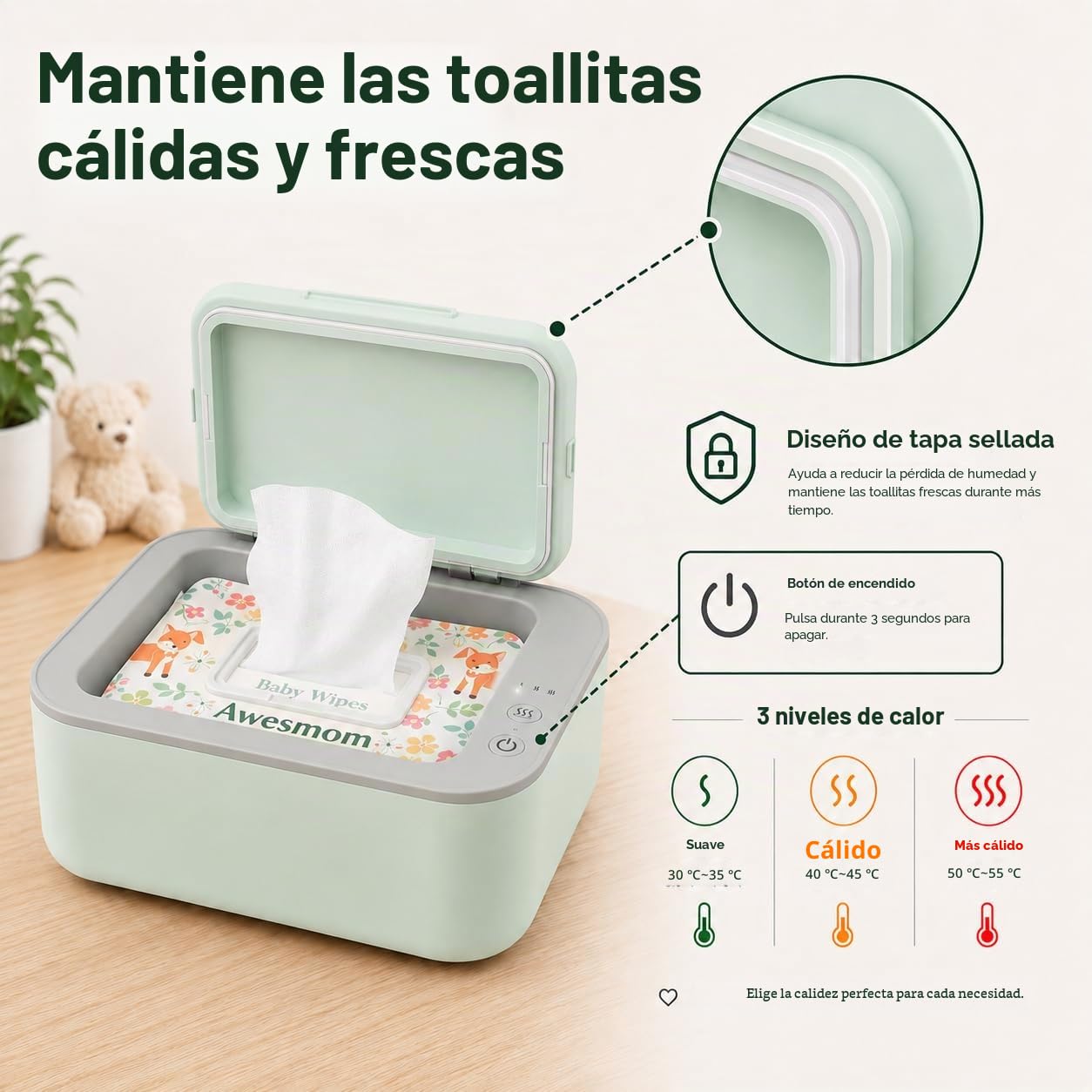 Calentador de toallitas para bebé, control de temperatura de 3 niveles, calentamiento silencioso y uniforme, gran capacidad para cambios de pañales, color verde | Gran capacidad, fácil de usar, 3 ajustes de temperatura ajustables, calefacción silenciosa d