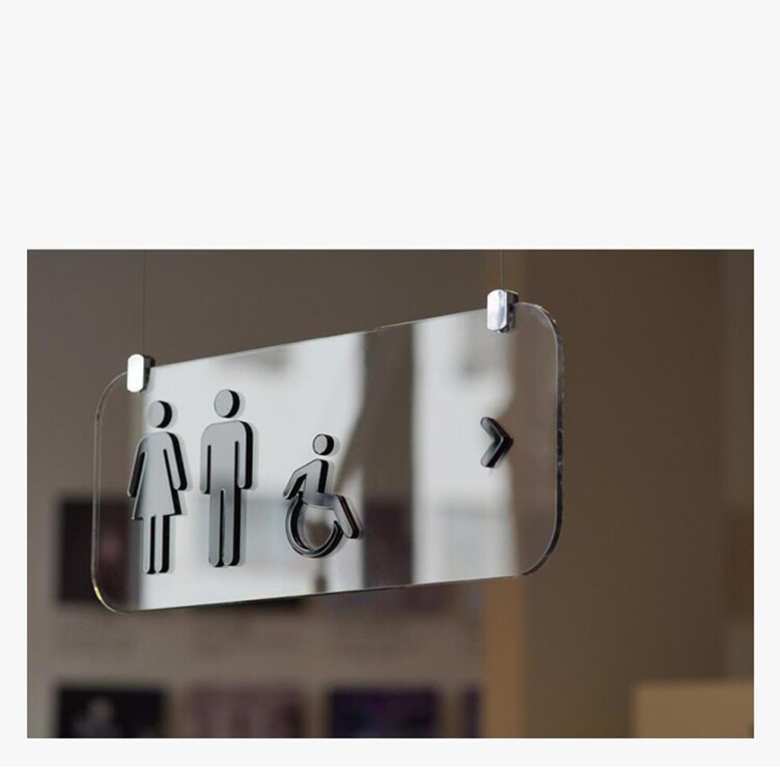 Letrero acrílico colgante para baño con flecha direccional y cuerda, para oficina, restaurante e instalaciones públicas