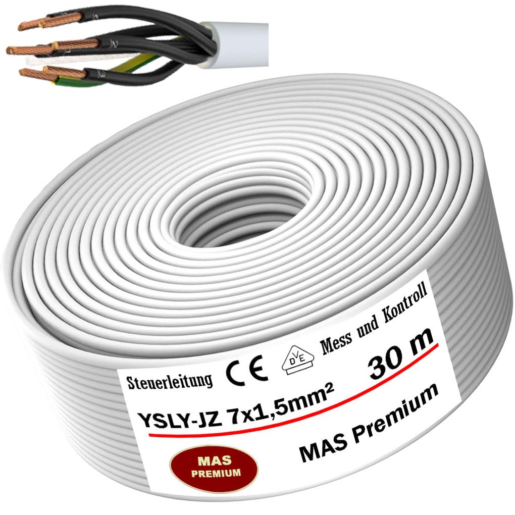 MAS Premium 5-150 m YSLY-JZ 7 x 1,5 mm², elastyczny kabel sterujący, szary, kabel pomiarowy, kontrolny i regulacyjny do obrabiarek, przewód sterujący, E-samochód, przyłącze do stacji ładującej (30 m)
