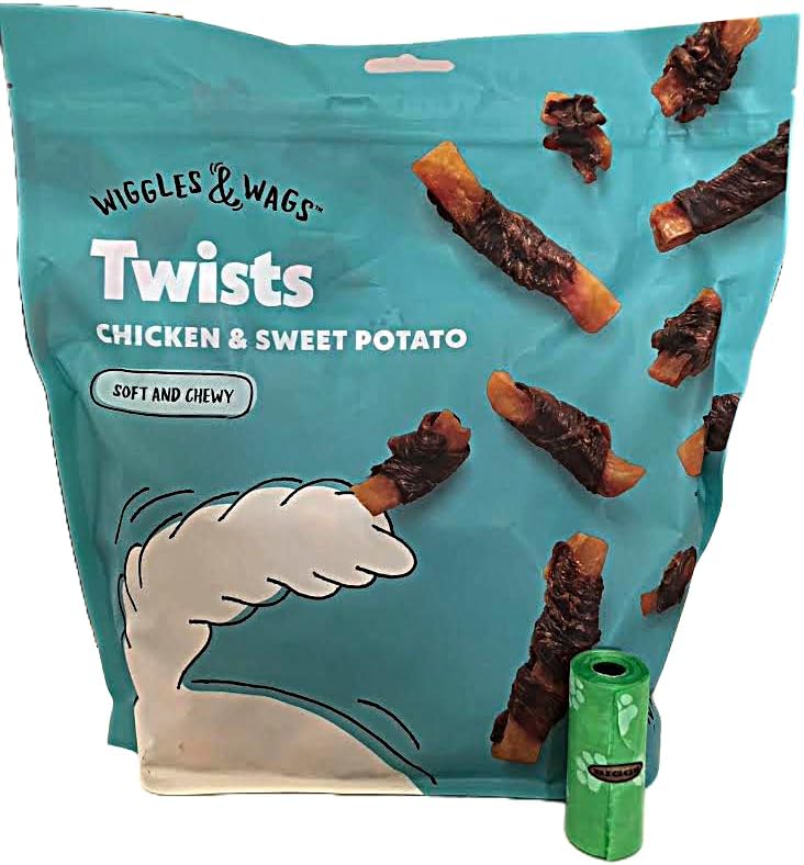 Wiggles & Wags Twist Chicken & Sweet Potato Dog Treats. Soft and Chewy Plus Biggs Dog Waste Bags.1-2 LB (907 g) Bag