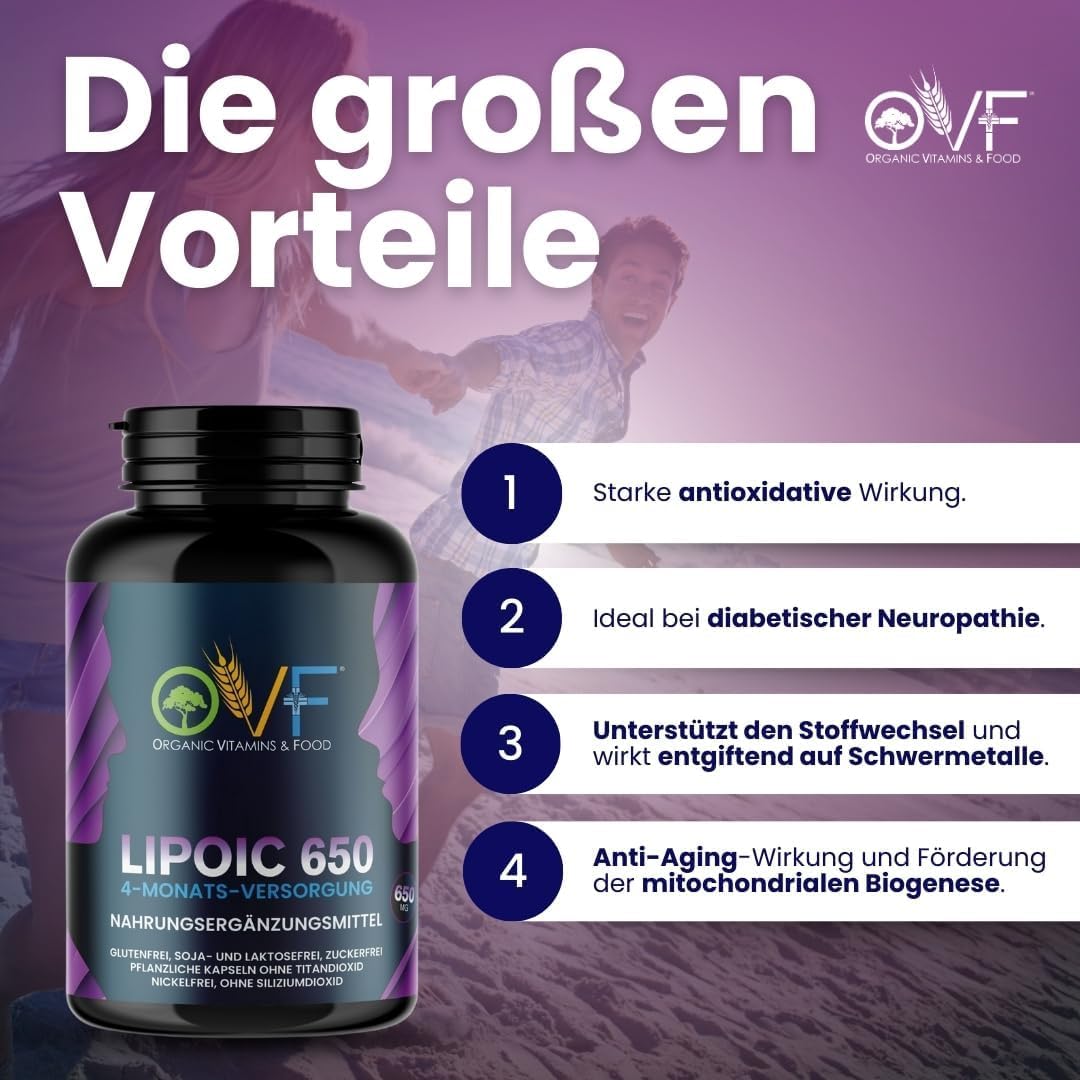 OVF R-Alpha Liponsäure 650 mg Hochdosiert, 120 Vegane Kapseln (4 Monate Vorrat), Starkes Antioxidans für Energie, Nerven & Stoffwechsel, Ohne Siliciumdioxid, 100% Made in Italy