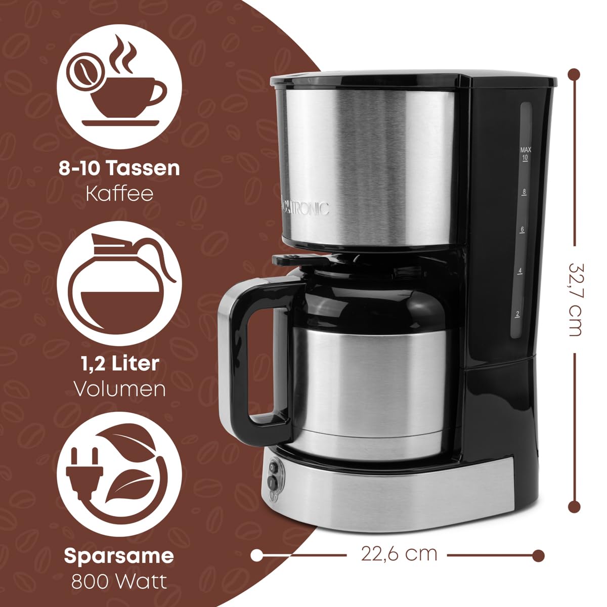 Clatronic® KA 3805 Coffee Machine with Thermos Flask for 8-10 Cups of Coffee (Approx. 1.2 L) | Filter Coffee Machine Stainless Steel | Double-Walled Thermos Flask | No Temperature Loss | Coffee