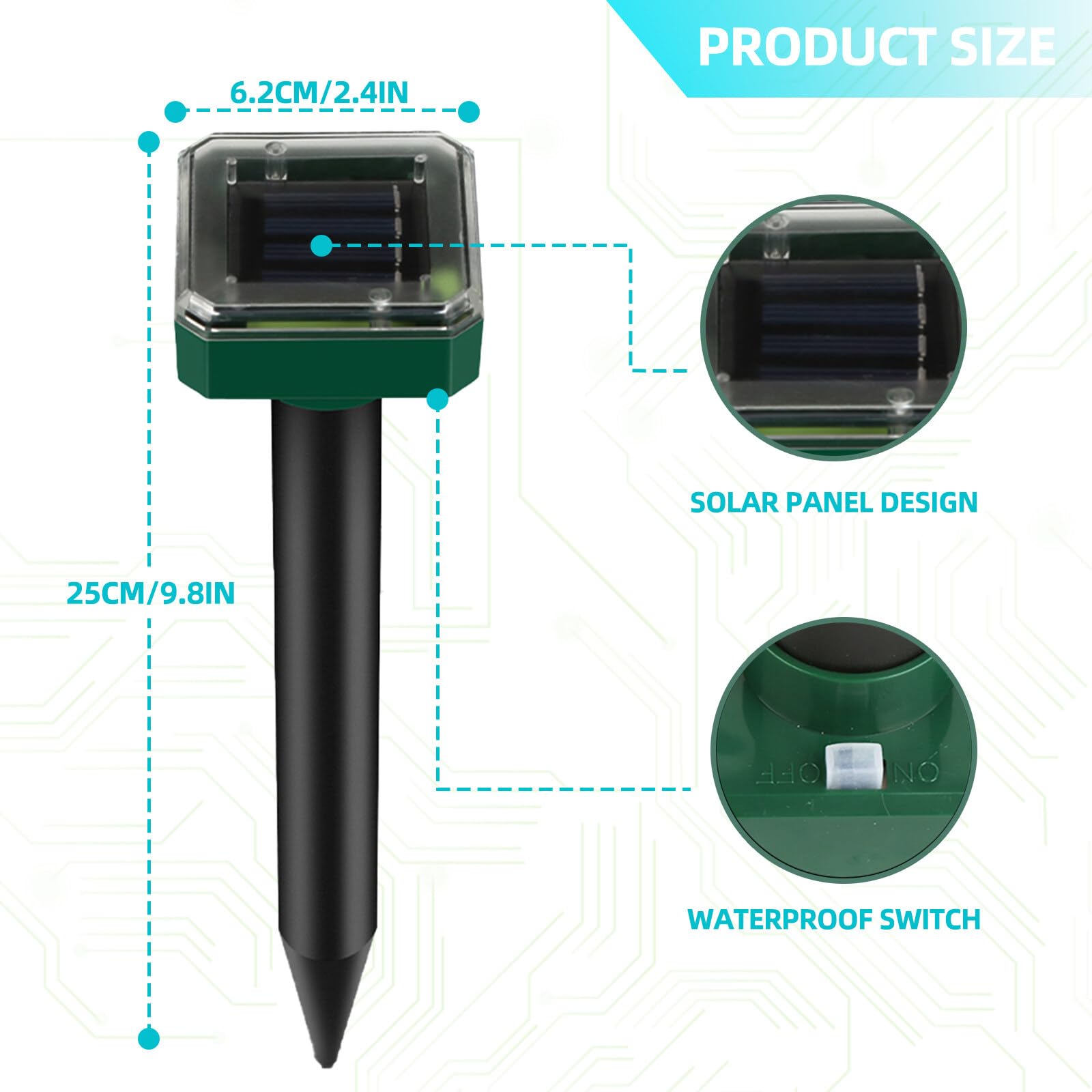 Répulsif à Taupes Solaire – Ultrasons, 3 Modes, Étanche IP65 - 12