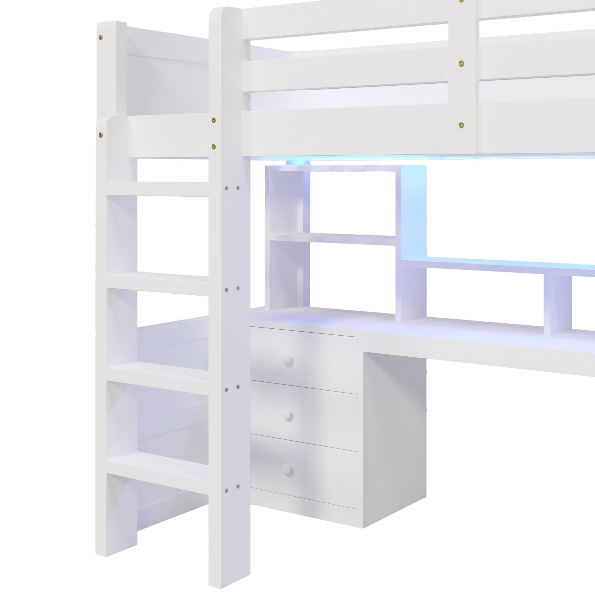 Moimhear Hochbett, Mit LED-Leuchten, Kleiderschrank und Schreibtisch, mit Schubladen und Staufächer, Ohne Matratze, Weiß (90x200cm)