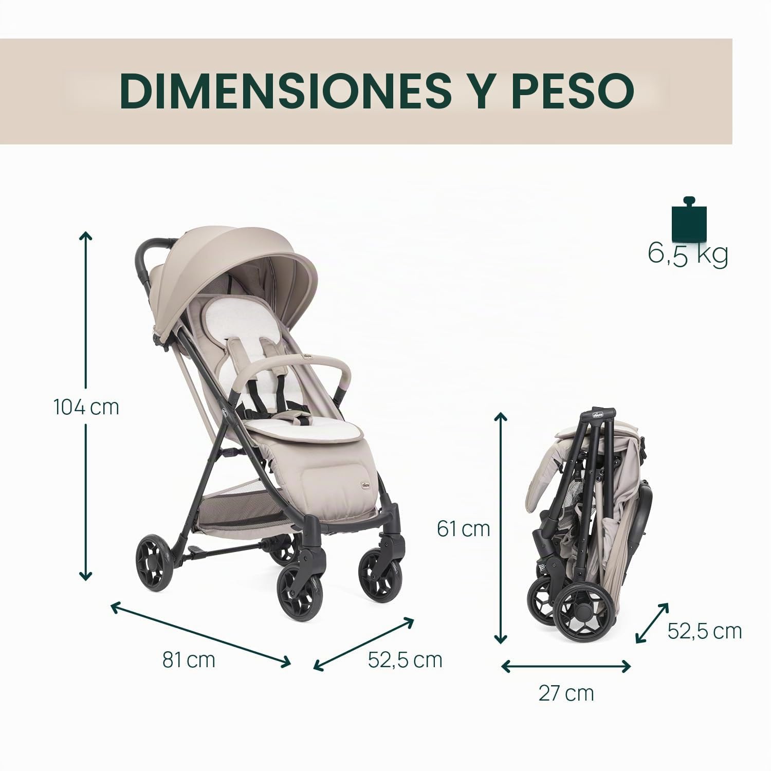 Chicco Silla de Paseo Ligera Taormina, Desde nascimiento hasta 22 Kg, Carrito Bebé, Plegado con una sola mano, Compacto y Ligero, Capota con Protección UV50+, Respaldo Ajustable y Reclinable, Beige