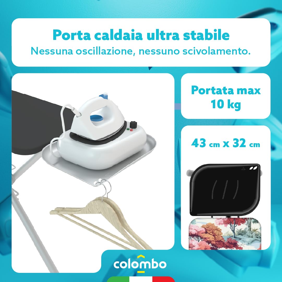 Colombo Asse da Stiro Performance 120x44 cm con Porta Caldaia 10 kg | Asse da Stiro Pieghevole Altezza Regolabile Fino a 95cm, Gambe Monotubo Ø35mm Stabili e Fodera in Cotone Biologico | Made in Italy