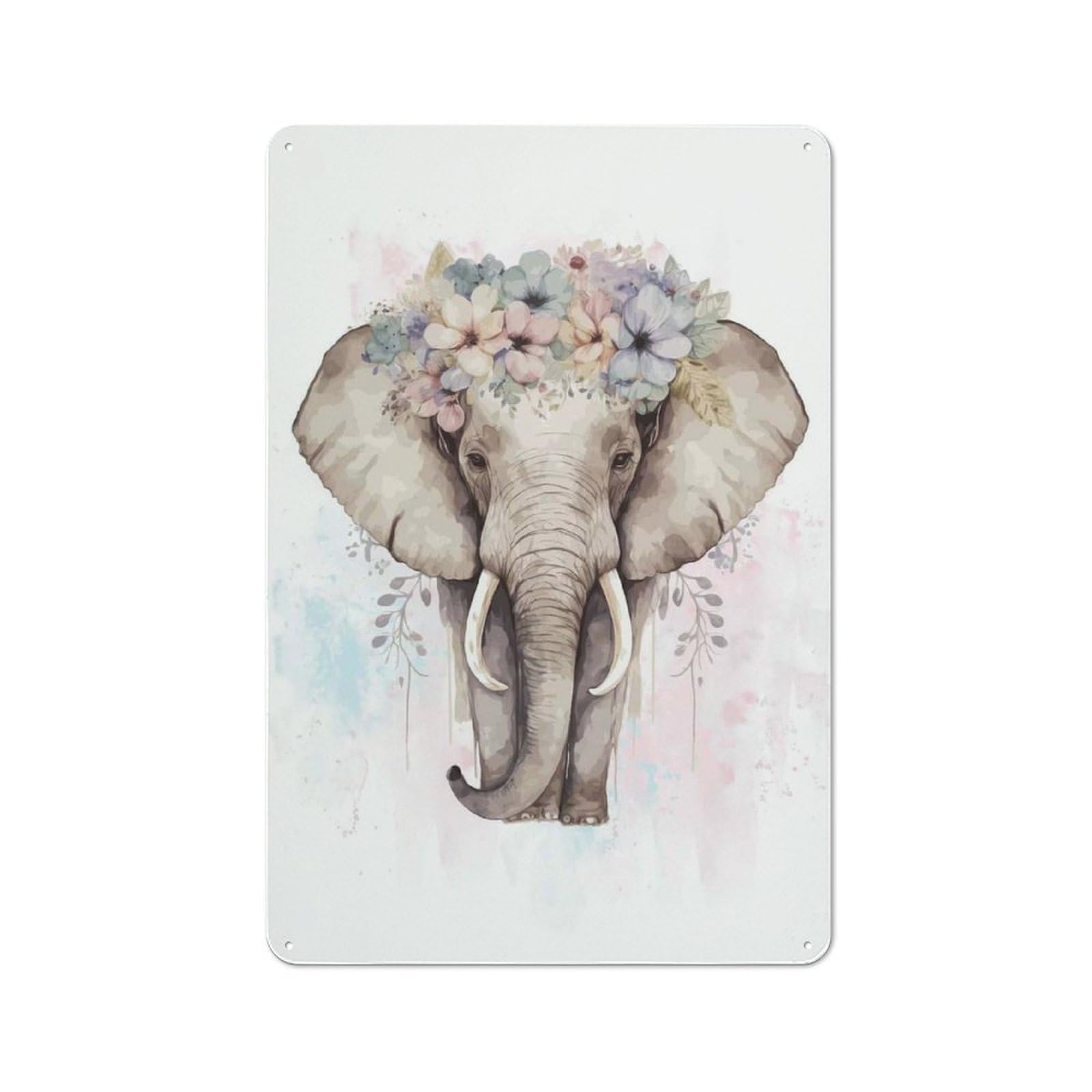 Junmoney Style-7 Watercolor Flower Elephant Loft Style Metal Wall Decor 30X20cm, Decorative Metal Plaque For Loft, Studio, Office Or Creative Room
