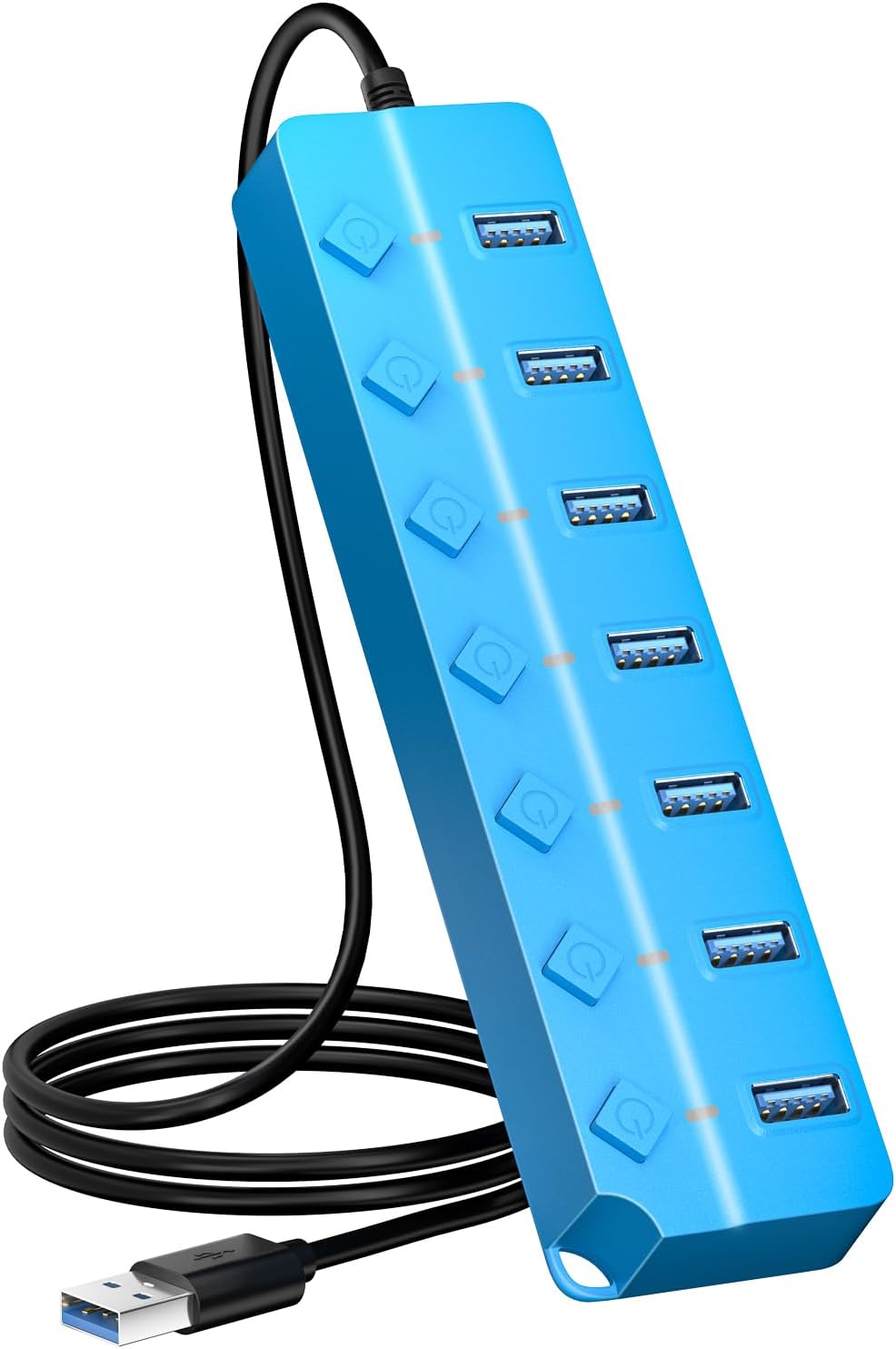 USB Hub 3.0, 7-Port USB Hub Splitter with Individual On/Off Switches and Lights, 3.2ft/1m Long Cable Compatible with MacBook, Laptop, Surface Pro, PS4, PC, Flash Drive, Mobile HDD-Blue
