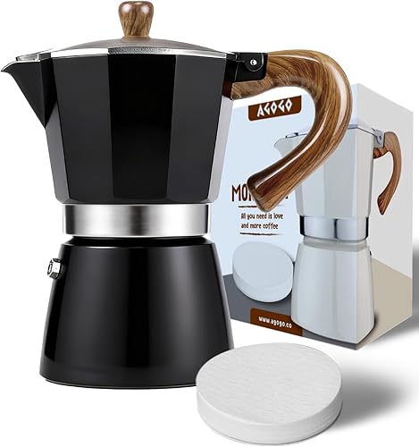 AGOGO Milano Moka - Cafetera espresso para estufa, greca, cafetera turca con filtro de papel, 6 tazas, color negro