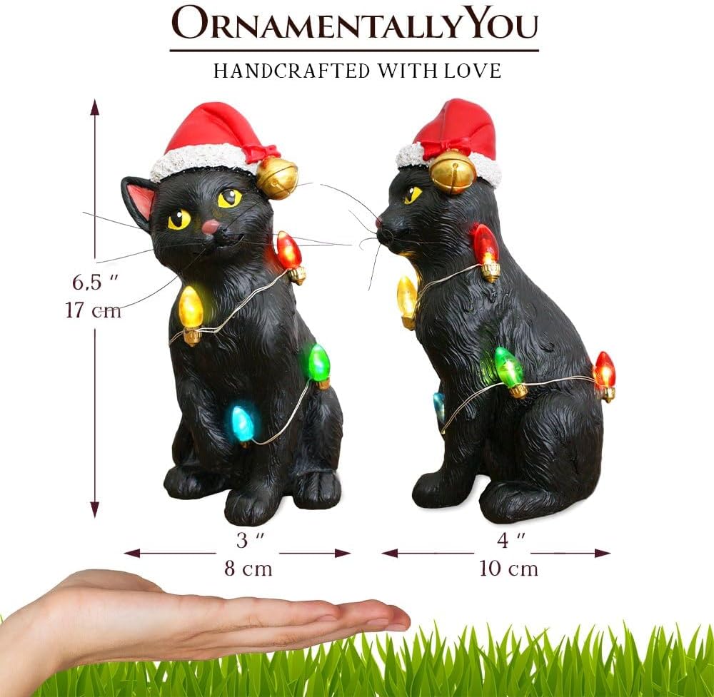 Festive Black Cat with LED Lights Figurine, 7" Cute Home Decor Statue