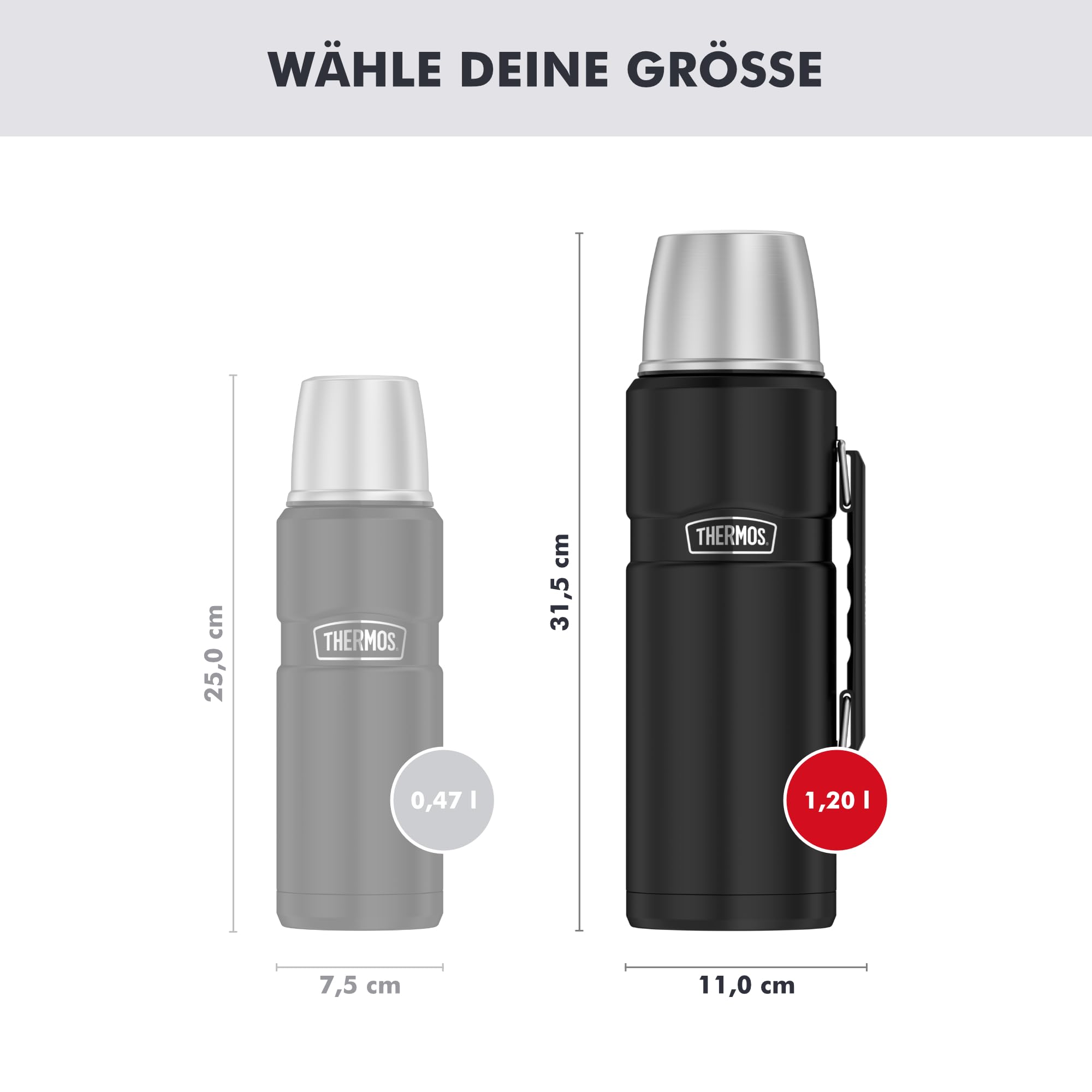THERMOS STAINLESS KING Thermosflasche 1,20 l, 24 h heiß, charcoal black mat | 24 h kalt, mit Trinkbecher und Griff, absolut dicht, Edelstahl-Isolierflasche, spülmaschinenfest, schwarz matt