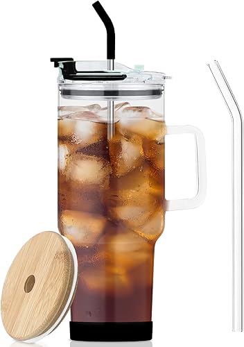 Miniatura 1 de Vaso de vidrio con tapa y popotes, taza de vidrio de gran capacidad de 40 onzas con asa, vasos para beber con posavasos de silicona, taza de agua de