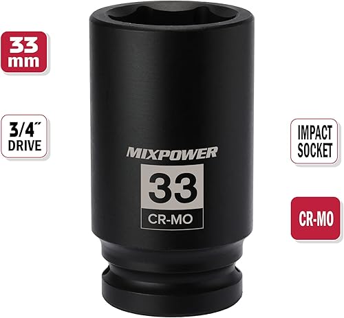 Miniatura 2 de MIXPOWER Enchufe de impacto profundo de 6 puntos, 34 pulgadas, 1.299 in (métrico), CR-MO, 34 de pulgada para tuercas de eje de 6 puntos para una