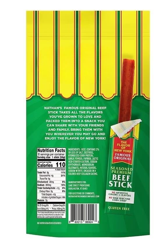Famous Original Meat Sticks. Each pack includes 10 individually wrapped 1 oz. sticks, making them perfect for on the go enjoyment, lunchboxes, or a quick protein boost any time of day. Crafted with 100 percent beef and premium ingredients, these meat sticks deliver the same iconic flavor that has made Nathan's a household name for over a century. Gluten free and made without artificial colors or flavors, they are a wholesome choice you can feel good about. Each stick is a good source of protein, helping to keep you fueled and satisfied whether you are at work, at the gym, or on an adventure 10 ct 1 oz Each [ 10 oz . 0.6 Pound ]