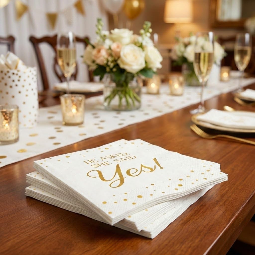 Engagement Napkins – 100PCS White & Gold Foil Cocktail Napkins, 3-Ply Disposable Paper 5x5 Inches, “He Asked, She Said Yes!” Engagement Party Decorations for Bridal Shower, Wedding