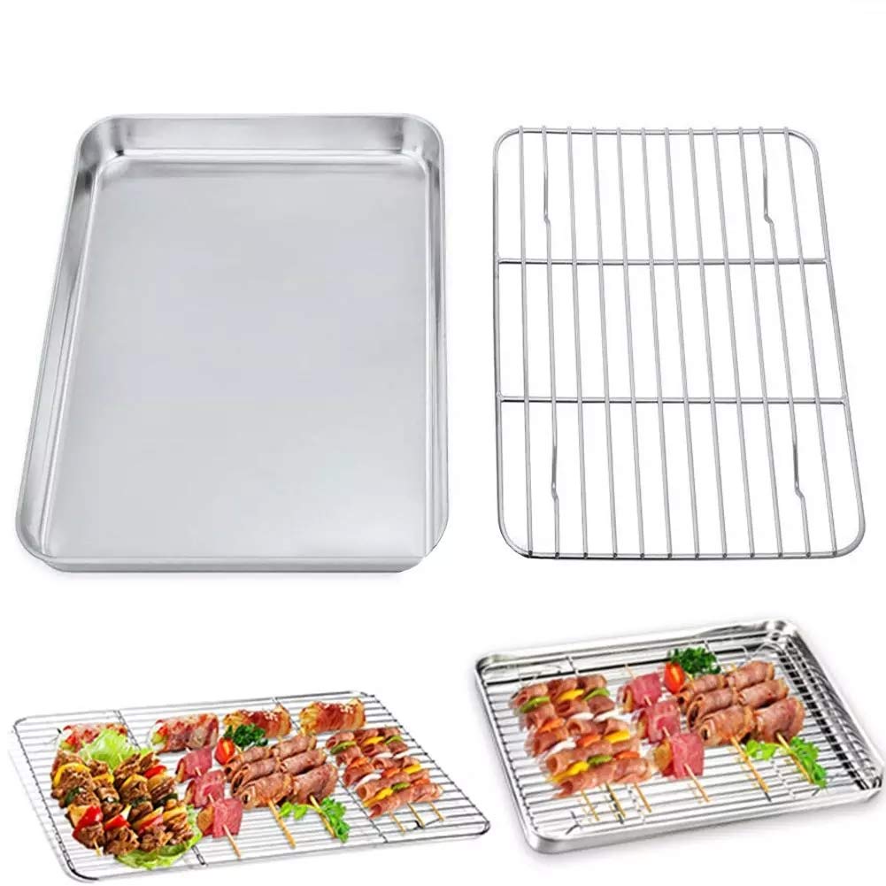 CHICIEVE Baking Tray with Removable Stainless Steel Cooling Rack Set Nonstick Cooking Grill Mesh BBQ Tool (Pan + 1 Rack) (32x22cm)