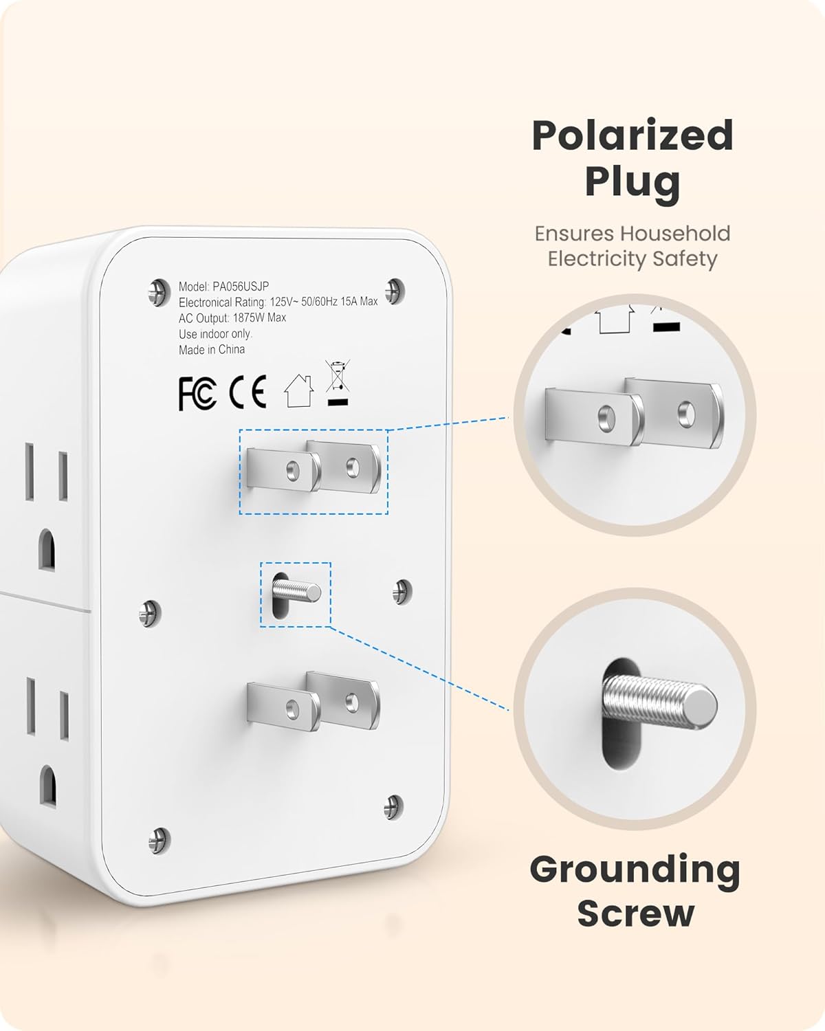 Close-up of the LENCENT adapter's polarized plug and grounding screw.