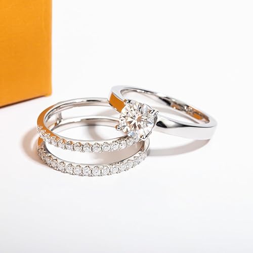 Vista 5 de Juego de anillos de boda de moissanita, 3.7 CTTW color D, claridad VVS1, redondo, talla brillante, plata de ley 925, anillos de compromiso