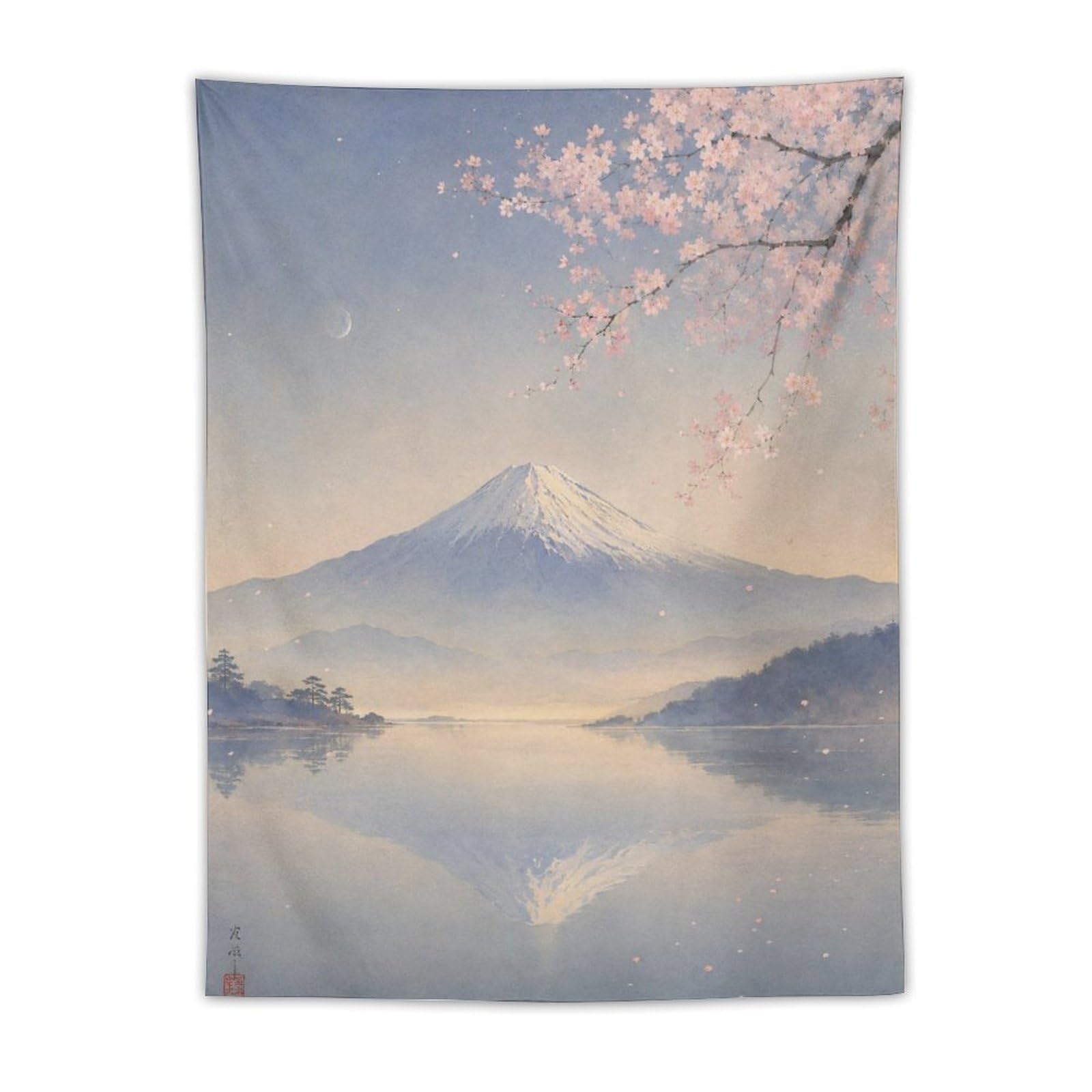 H3B8U2Y5 Mount Fuji Lake Reflection Wall Tapestry, Ukiyo-e, Soft Pastel