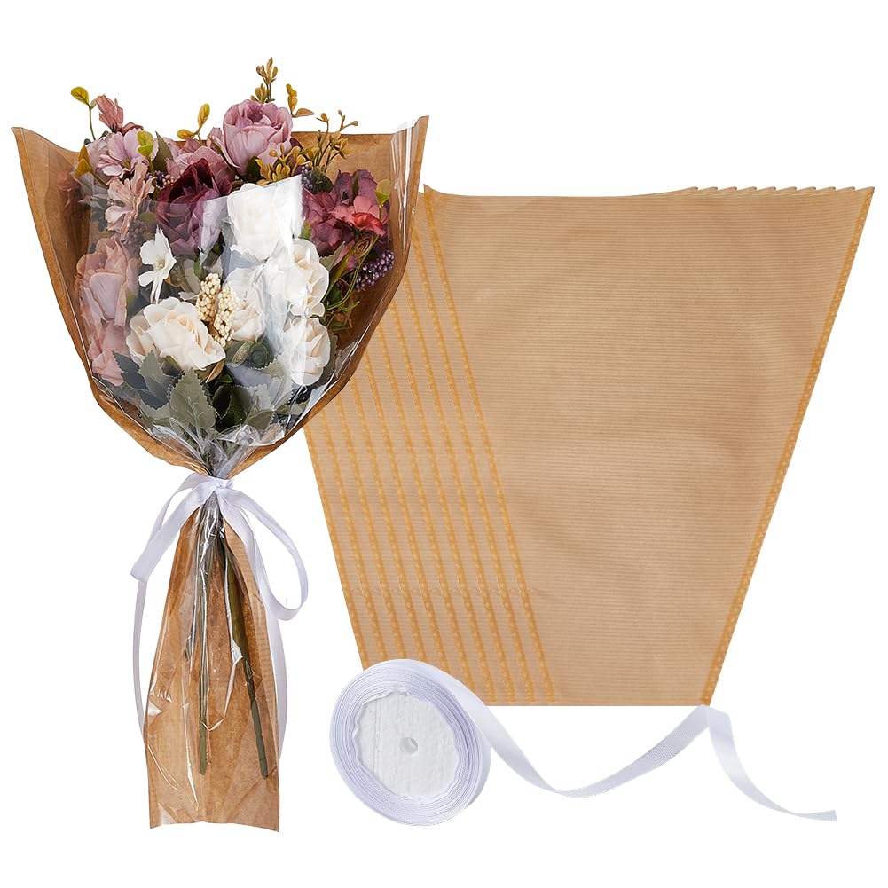 DICOSMETIC 60Pcs Flower Bouquet Bags Floral Paper Wrapping Bags Clear Bouquet Sleeve Paper Bouquets Bag with Polyester Ribbon Florist Packaging