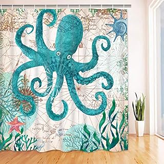 Alishomtll Octopus Bathroom Shower Curtain Ocean Shower Curtains Fabric Bathroom Curtain Waterproof Mildew Resistant with 12 Hooks, Polyester 69 x 70 inches (175x178cm)