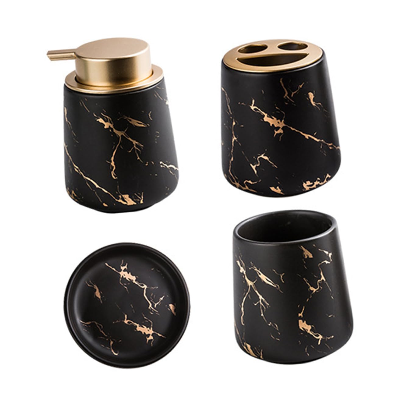 Juego de Accesorios de Baño de Cerámica Negro, 1 Set Dos Vasos | Portacepillos y Jabonera Incluidos, Botella para Loción, Acabado Liso y Portátil, Estilo Clásico Elegante