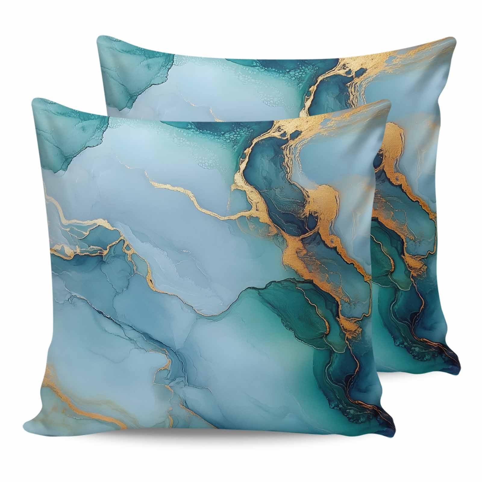 HilariousM Pack of 2 Marble Blue Gold Outdoor Pillow Waterproof Covers 18x18 inch, Simple Abstract Texture Polyester Throw Pillow Covers Garden Cushion Decorative Case for Patio Couch Decoration