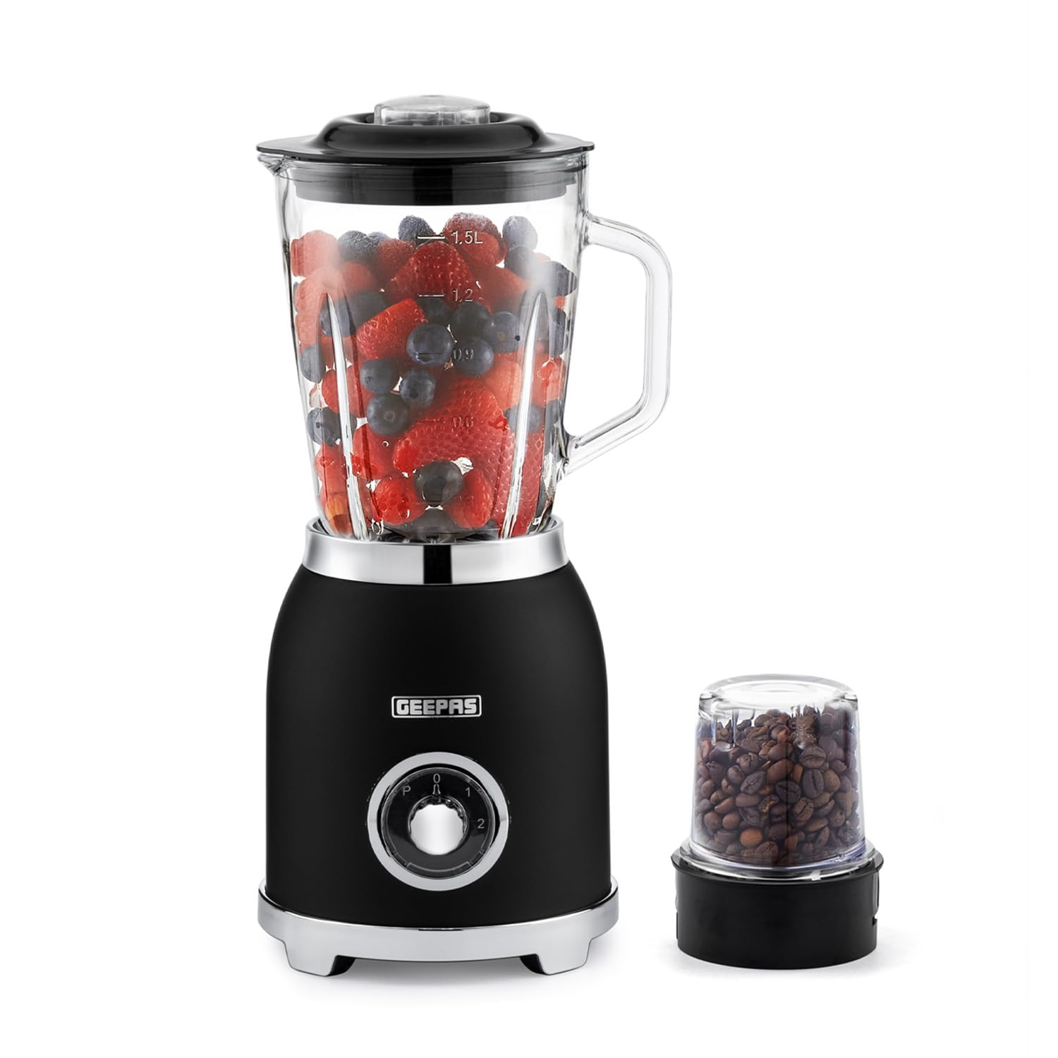 GEEPAS Retrovive 2-in-1 Food Jug Blender | Smoothie Maker with 1.5L Glass Juice Jar & Mini Coffee Spice Grinder Mill | 6 Stainless Steel Ice Crusher Blades | 2 Speed with Pulse Safe Lock | 800W Black