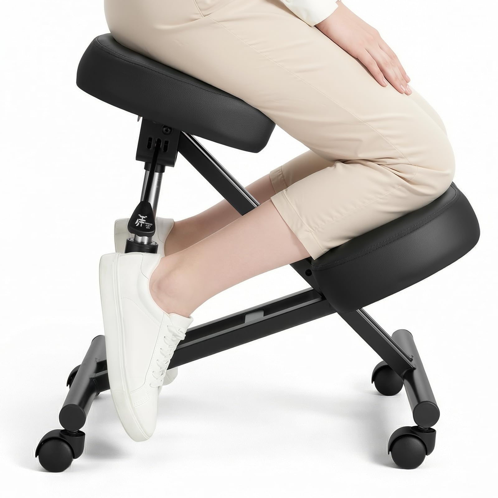 VEVOR Ergonomischer Kniehocker mit Rollen, Mobiler Höhenverstellbarer Kniestuhl in X-Form mit Dicken Schaumstoffpolstern, zur Entlastung von Nacken & Rücken, für Zuhause, Büro & Meditation, Schwarz