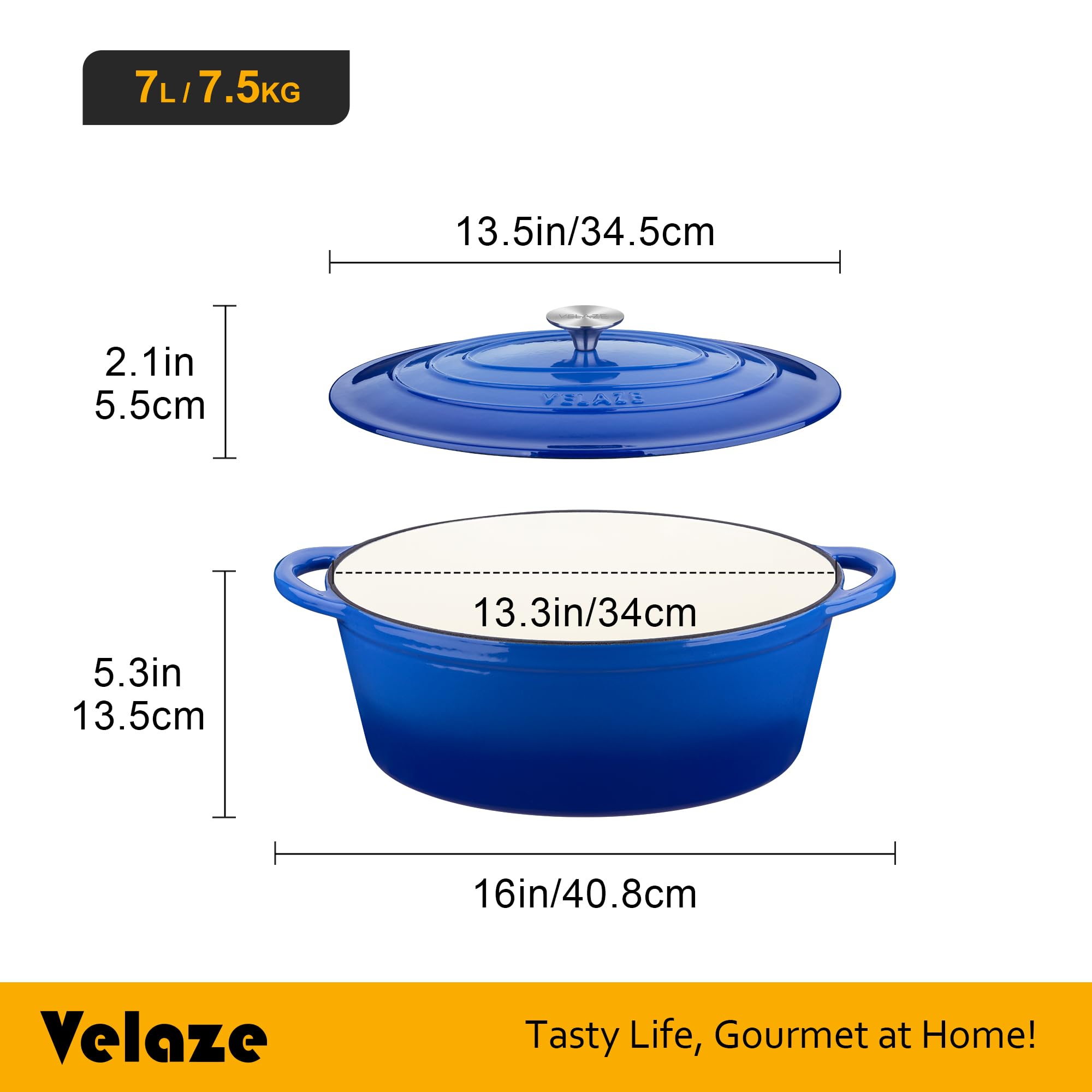 Velaze Cocotte Fonte Ovale 7L,Émaillée Marmite Fonte 34cm,Dutch Oven Compatible Induction/Gaz/Four,Antiadhésive Cocotte avec Couvercle,Bleue