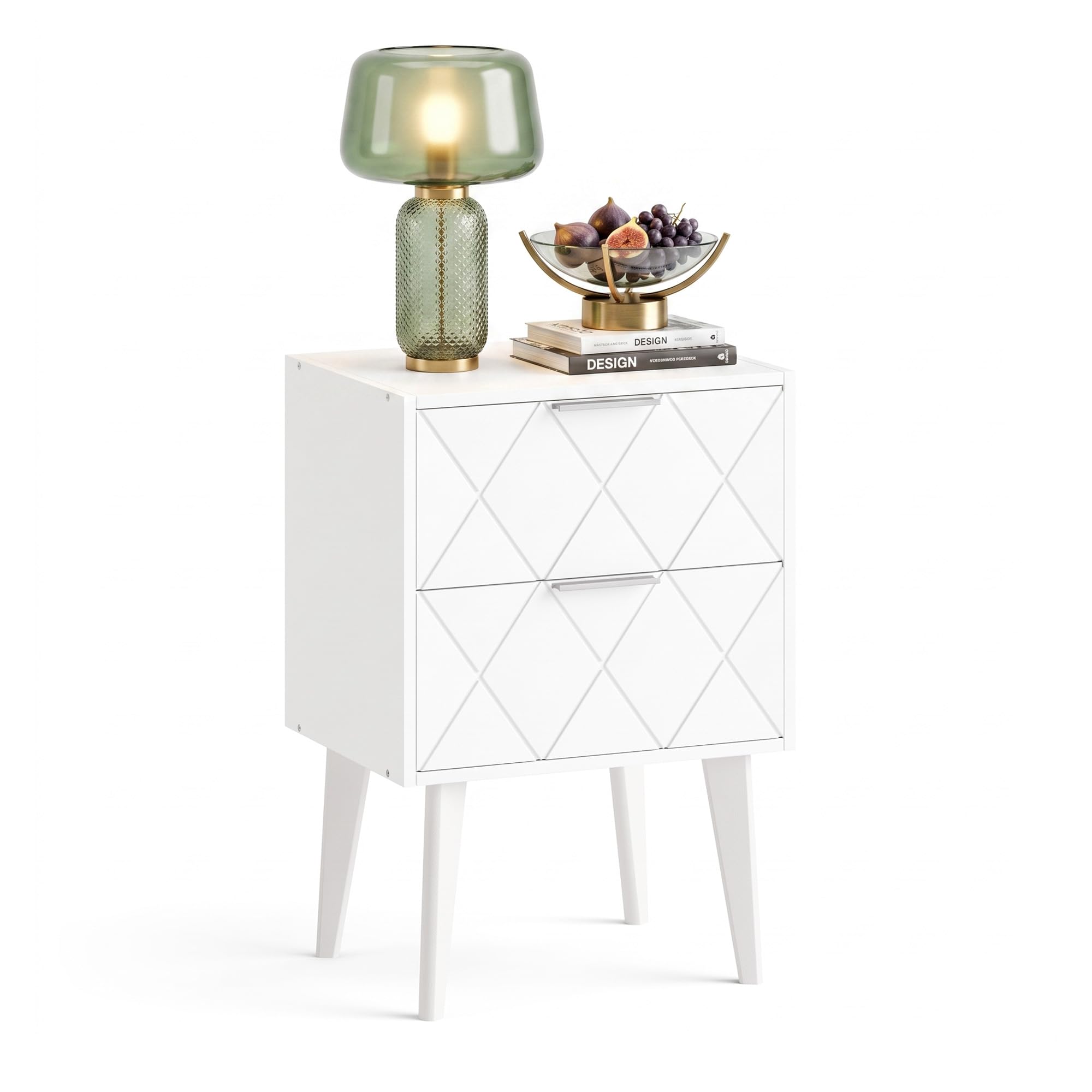 Mesitas de Noche Blancas con Dos Cajones Bedside Table | Estilo Moderno Y Elegante,Fabricado En Madera,Estructura Estable Sin Vibraciones,Para Salón Y Dormitorio